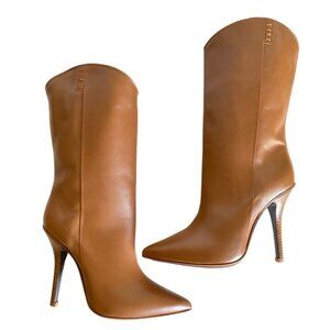 Lucchese Clarissa Western Dress Boot Sz 6.5 Luggage Leather Pointed Toe Mid Calf